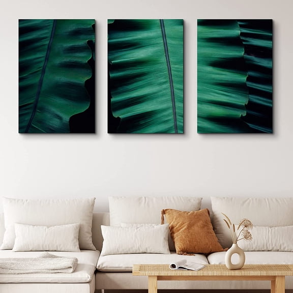 PixonSign Canvas Print Wall Art Set Green Jungle Leaf Trio Botanical Wilderness Photography Modern Art Contemporary Portrait Colorful Multicolor for Living Room, Bedroom, Office - 24"x36"x3