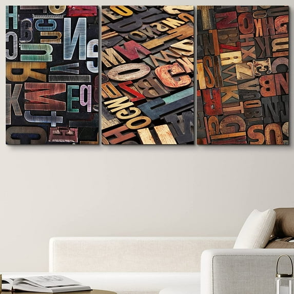 PixonSign Canvas Print Wall Art Set Grunge Wood Block Letter Variety Decorative Patterns Typography Modern Art Industrial Colorful Multicolor Warm for Living Room, Bedroom, Office - 24"x36"x3