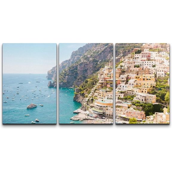 PixonSign Canvas Print Wall Art Set Italian Sea Shore Beach Cityscape Urban Architecture Photography Realism Scenic Landscape Decorative Colorful Multicolor for Bedroom - 16"x24"x3