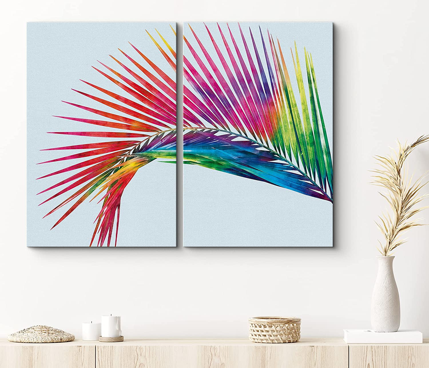 PixonSign Canvas Print Wall Art Set Large Rainbow Colored Palm Leaf ...