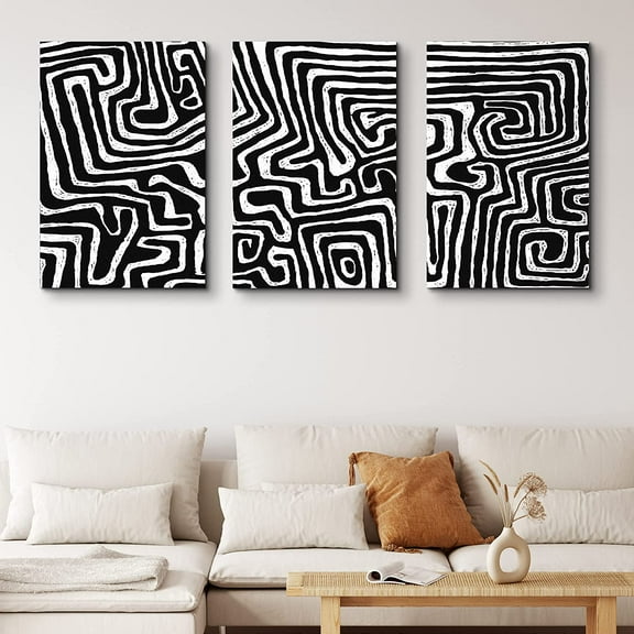PixonSign Canvas Print Wall Art Set Maze Inspired Line Pattern Geometric Shapes Illustrations Modern Art Contemporary Edgy Dark Black and White for Living Room, Bedroom, Office - 16"x24"x3