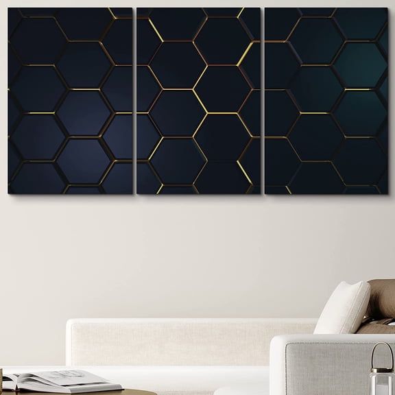 PixonSign Canvas Print Wall Art Set Metallic Gold Hexagon Array Abstract Patterns Digital Art Minimalism Industrial Closeup Dramatic Multicolor Dark for Living Room, Bedroom, Office - 16"x24"x3