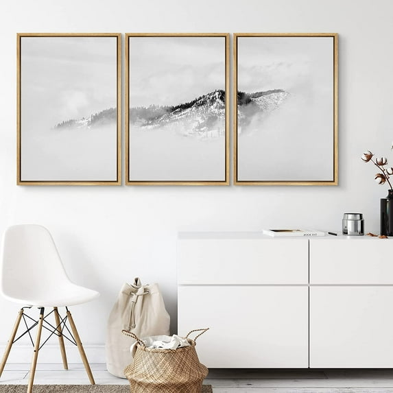 PixonSign Canvas Print Wall Art Set Mountain Peak Rises from Fog Nature Wilderness Photography Realism Southwest Landscape Ultra Black and White for Living Room, Bedroom, Office - 24"x36"x3 Natural