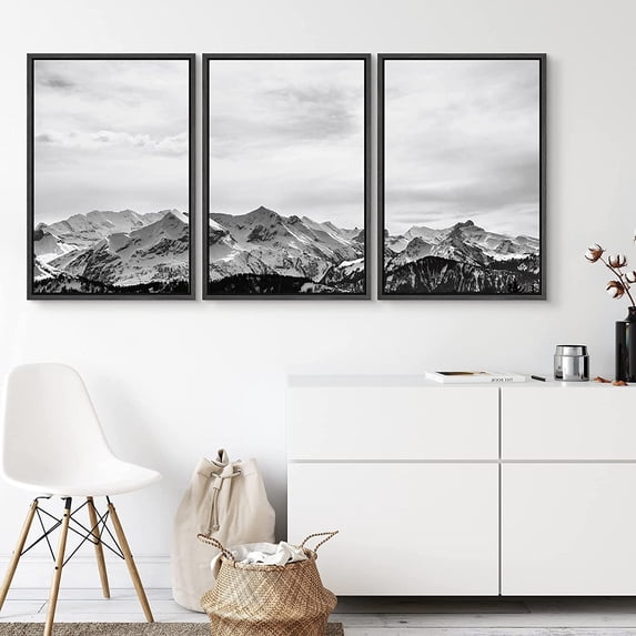PixonSign Canvas Print Wall Art Set Mountain Ranges Under Bright White Sky Nature Wilderness Photography Realism Southwest Landscape Ultra Black and White for Living Room, Bedroom, Office - 16"x24"x3