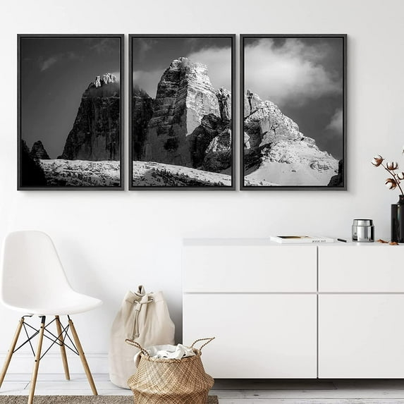 PixonSign Canvas Print Wall Art Set Mountain Top Below White Clouds Nature Wilderness Photography Realism Southwest Landscape Ultra Black and White for Living Room, Bedroom, Office - 24"x36"x3 Black