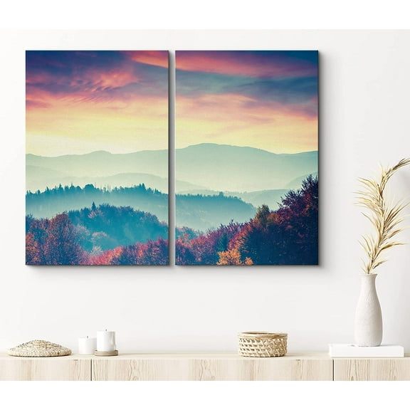 PixonSign Canvas Print Wall Art Set Neon Mountain Range Silhouette Nature Wilderness Photography Realism Contemporary Landscape Colorful Multicolor Ultra for Living Room, Bedroom, Office - 24"x36"x2