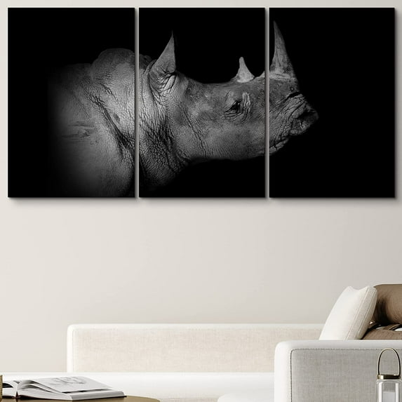 PixonSign Canvas Print Wall Art Set Pinhole Style Rhino Portrait Animals Wildlife Photography Realism Rustic Closeup Relax/Calm Dark Black and White for Living Room, Bedroom, Office - 24"x36"x3