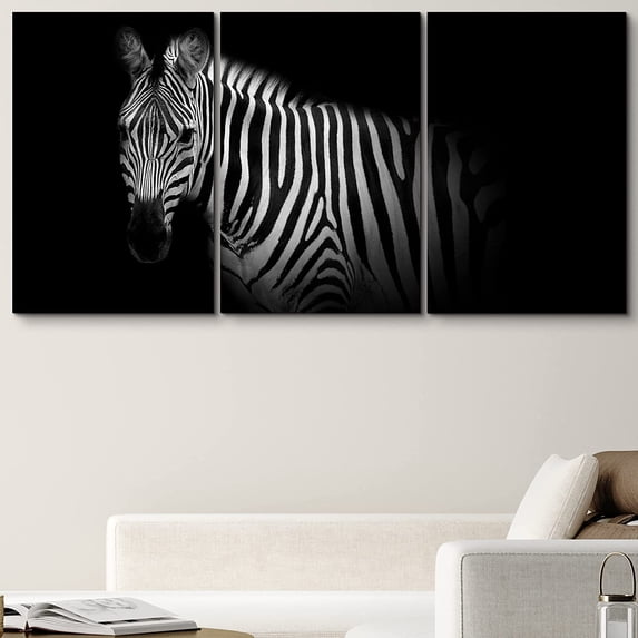 PixonSign Canvas Print Wall Art Set Pinhole Style Zebra Portrait Animals Wildlife Photography Realism Rustic Closeup Relax/Calm Dark Black and White for Living Room, Bedroom, Office - 24"x36"x3