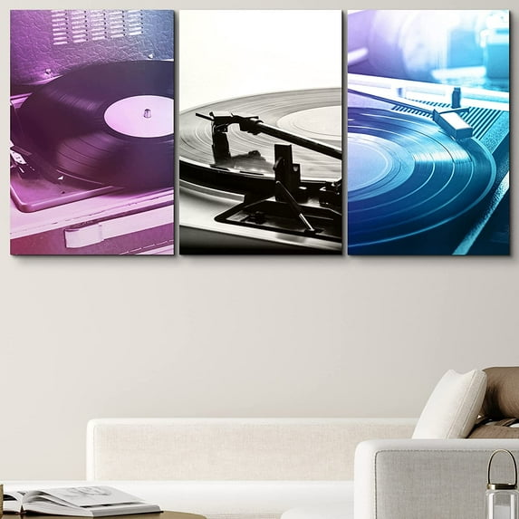 PixonSign Canvas Print Wall Art Set Purple & Blue Record Players Music Musicians Photography Realism Modern Urban Multicolor Ultra for Living Room, Bedroom, Office - 16"x24"x3