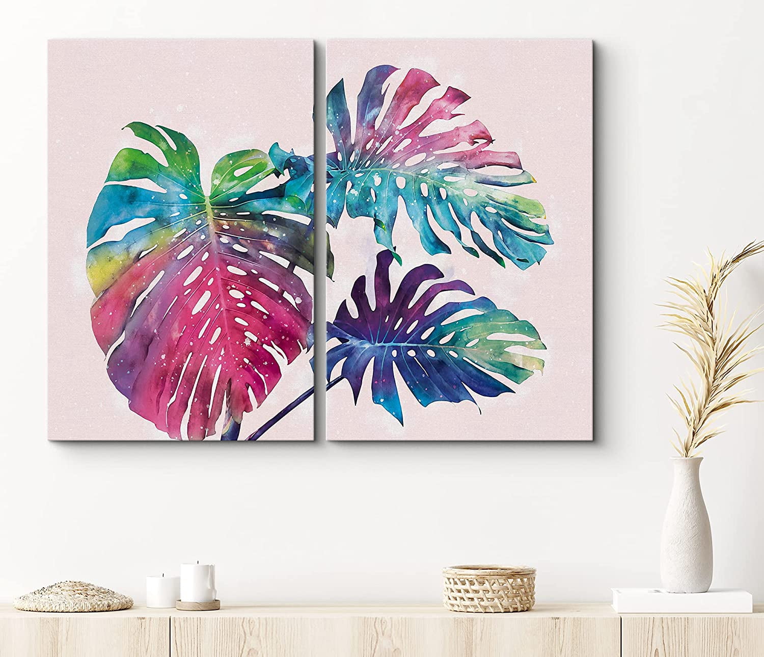 PixonSign Canvas Print Wall Art Set Rainbow Monstera Leaf and Palm Leaf ...