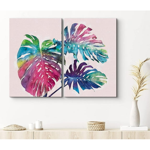 PixonSign Canvas Print Wall Art Set Rainbow Monstera Leaf and Palm Leaf Duo Botanical Wilderness Illustrations Modern Art Glam Colorful Multicolor Ultra for Living Room, Bedroom, Office - 16"x24"x2