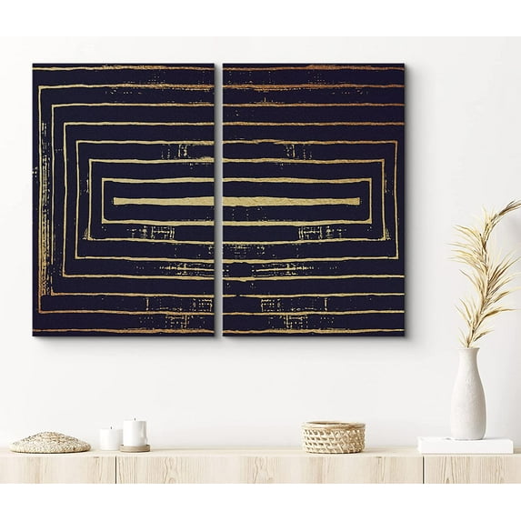 PixonSign Canvas Print Wall Art Set Rectangular Maze Pattern Abstract Shapes Illustrations Modern Art Contemporary Dramatic Warm Black and Gold for Living Room, Bedroom, Office - 24"x36"x2