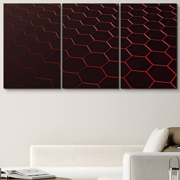 PixonSign Canvas Print Wall Art Set Red Hexagon Honeycomb Array Abstract Patterns Digital Art Minimalism Industrial Closeup Dramatic Multicolor Dark for Living Room, Bedroom, Office - 24"x36"x3