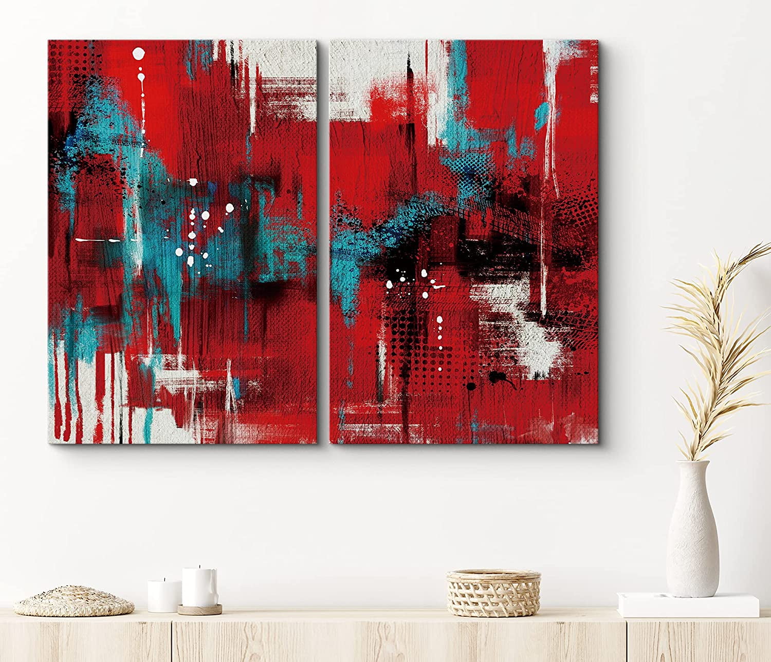PixonSign Canvas Print Wall Art Set Red, Teal and Black Grunge ...