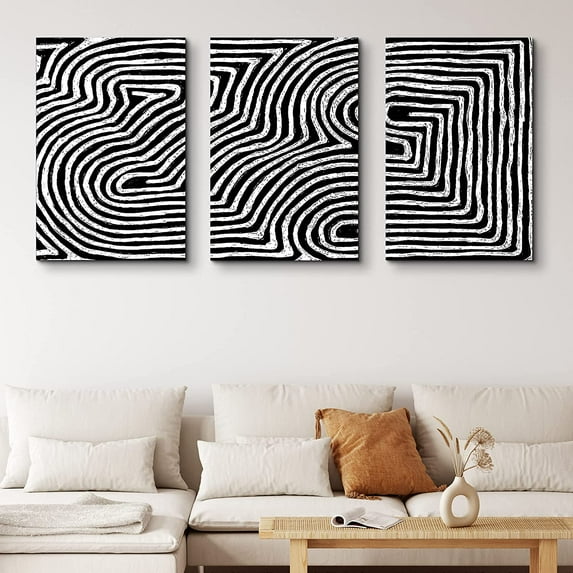 PixonSign Canvas Print Wall Art Set Smooth and Bumpy Line Pattern Geometric Shapes Illustrations Modern Art Contemporary Edgy Dark Black and White for Living Room, Bedroom, Office - 16"x24"x3