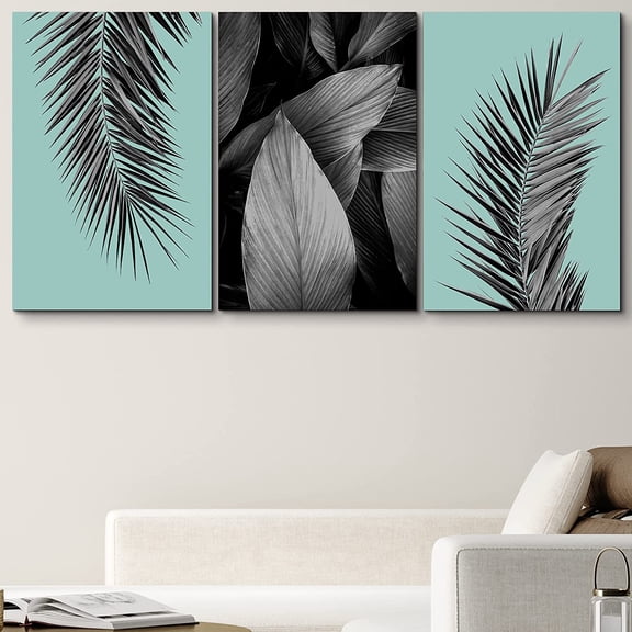 PixonSign Canvas Print Wall Art Set Teal & Monochrome Jungle Leaves Floral Wilderness Photography Modern Art Rustic Relax/Calm Multicolor Black and White for Living Room, Bedroom, Office - 24"x36"x3