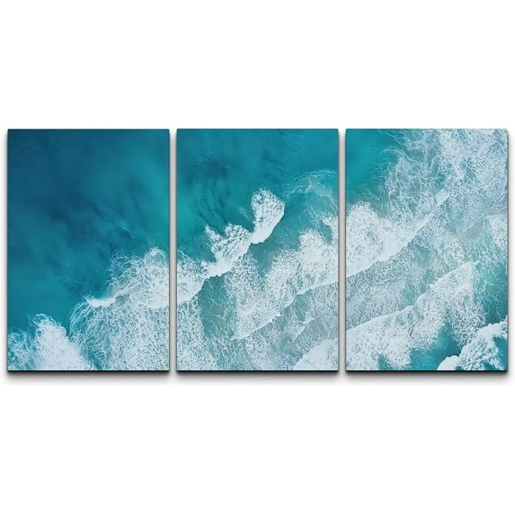 PixonSign Canvas Print Wall Art Set Teal Ocean Wave Beach Shore Coastal Seascape Landscape Nature Wilderness Modern Decorative Nautical Blue Calm/Relax/Cozy - 24"x36"x3