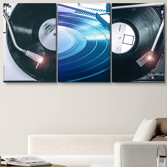 PixonSign Canvas Print Wall Art Set Triple Tone Duotone Blue & Gray Record Players Music Musicians Photography Realism Modern Urban Multicolor Ultra for Living Room, Bedroom, Office - 16"x24"x3