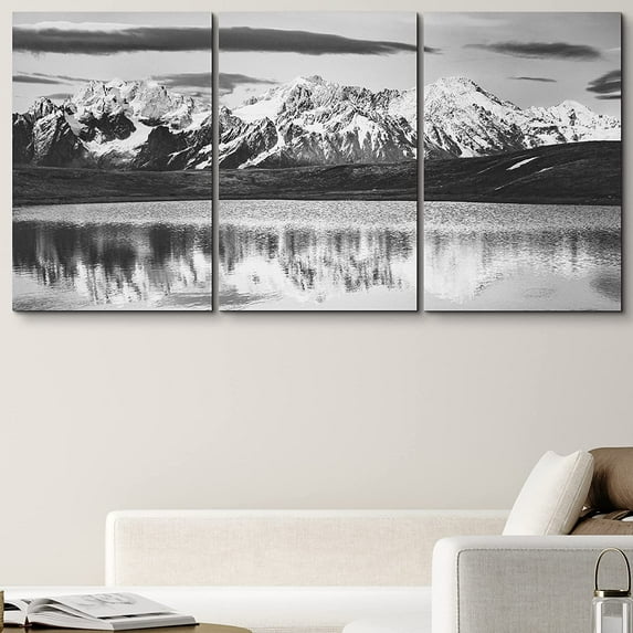 PixonSign Canvas Print Wall Art Set Vintage Mountain Range & Reflection Nature Wilderness Photography Realism Rustic Landscape Dramatic Dark Black and White for Living Room, Bedroom - 24"x36"x3
