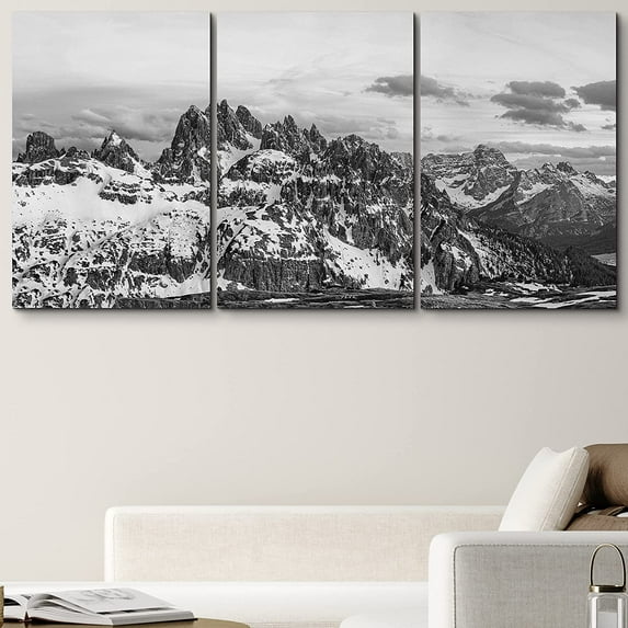PixonSign Canvas Print Wall Art Set Vintage Snowy Mountains Nature Wilderness Photography Realism Rustic Landscape Dramatic Dark Black and White for Living Room, Bedroom, Office - 24"x36"x3
