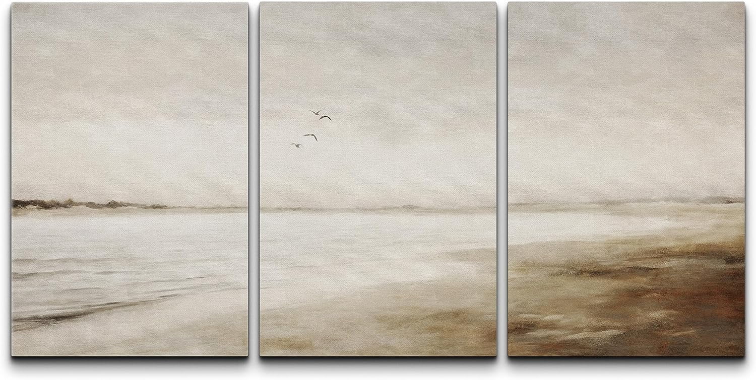 PixonSign Canvas Print Wall Art Set Watercolor Misty Foggy Beach Ocean ...