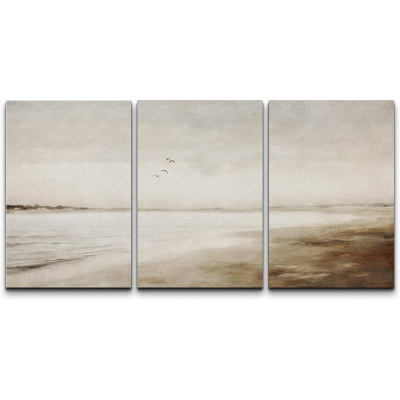 PixonSign Canvas Print Wall Art Set Watercolor Misty Foggy Beach Ocean Bird Seascape Nature Wilderness Illustrations Modern Art Decorative Rustic Relax Colorful for Bedroom - 16"x24"x3