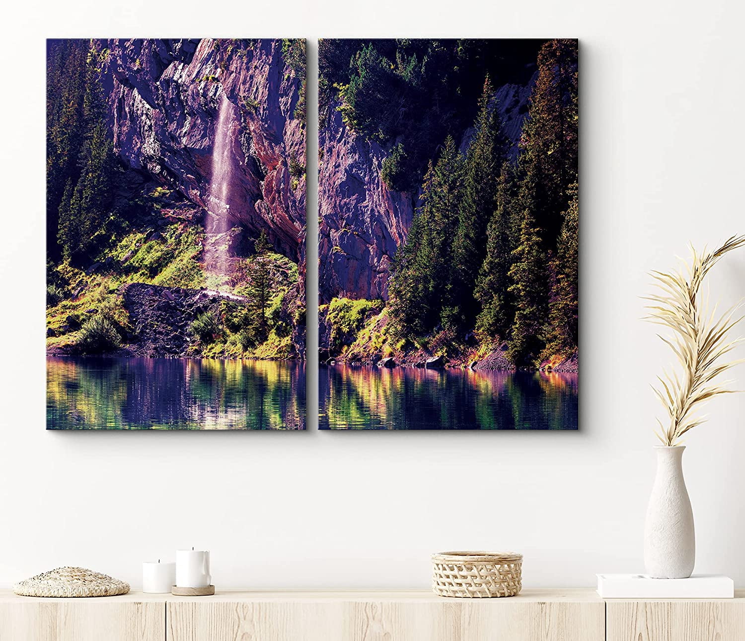 PixonSign Canvas Print Wall Art Set Waterfall Above Forest Lake Nature ...