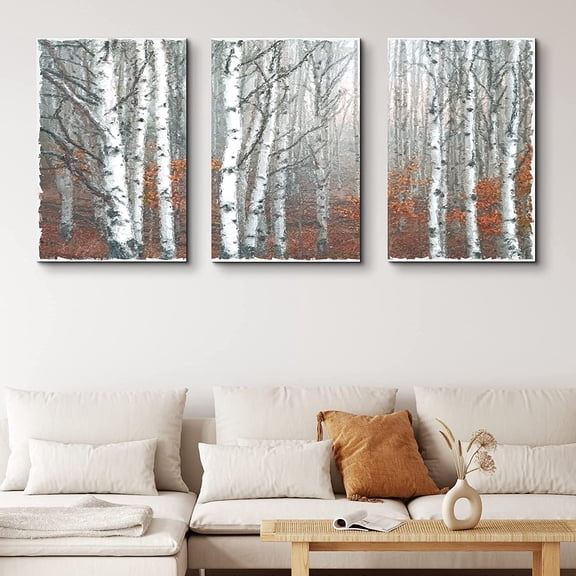 PixonSign Canvas Print Wall Art Set White Trees Among Red Leaves Botanical Wilderness Illustrations Modern Art Contemporary Landscape Multicolor Ultra for Living Room, Bedroom, Office - 24"x36" x 3