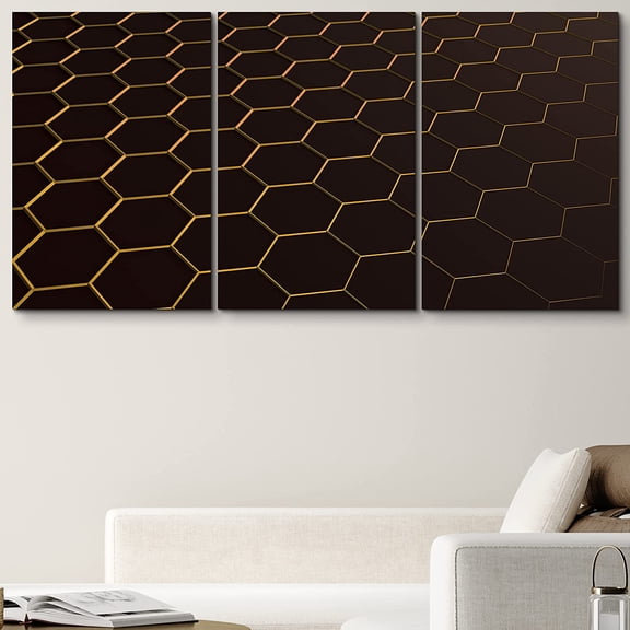 PixonSign Canvas Print Wall Art Set Yellow Hexagon Honeycomb Array Abstract Patterns Digital Art Minimalism Industrial Closeup Dramatic Multicolor Dark for Living Room, Bedroom, Office - 16"x24"x3