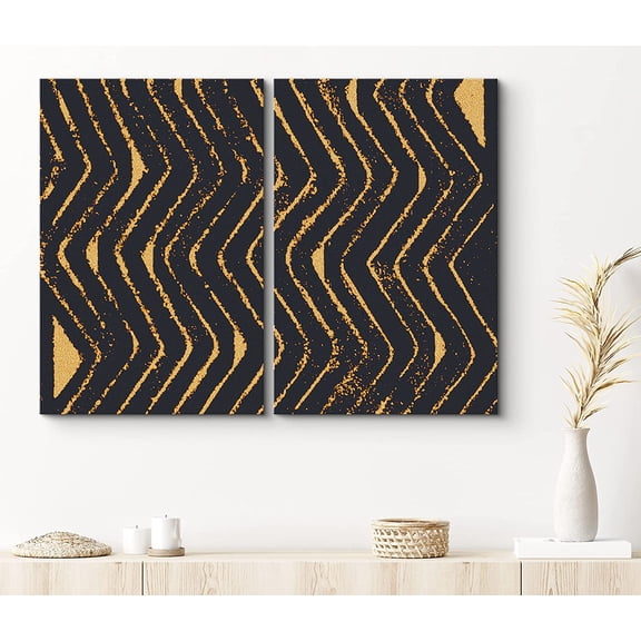 PixonSign Canvas Print Wall Art Set Zig-Zag Line Art Pattern Abstract Shapes Illustrations Modern Art Contemporary Dramatic Warm Black and Gold for Living Room, Bedroom, Office - 16"x24"x2