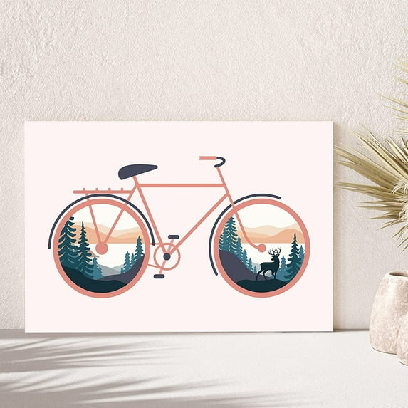 PixonSign Canvas Print Wall Art Sunny Forest Scene in Bike Wheels Transportation Wilderness Illustrations Modern Art Contemporary Colorful Multicolor Ultra for Living Room, Bedroom, Office - 12x18
