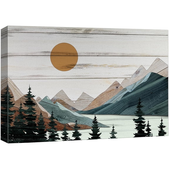 PixonSign Canvas Print Wall Art Teal Mountain Pine Trees Nature Wilderness Digital Art Wood Panel Landscape Farmhouse/Country Relax/Calm/Cozy Geometric Abstract - 32"x48"