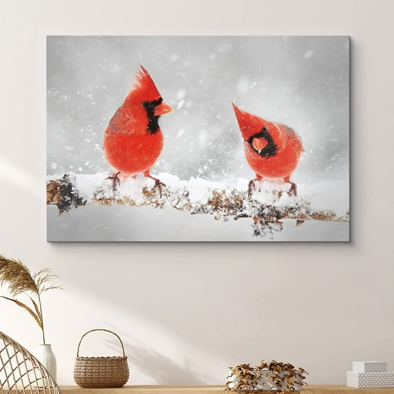 PixonSign Canvas Print Wall Art Two Cardinals in Snow Animals Wilderness Photography Realism Contemporary Closeup Relax/Calm Multicolor Ultra for Living Room, Bedroom, Office - 24x36