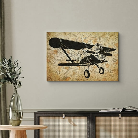 PixonSign Canvas Print Wall Art Vintage Biplane on Brown Background Transportation Airplanes Illustrations Realism Contemporary Aerial Fun Sepia for Living Room, Bedroom, Office - 32"x48"