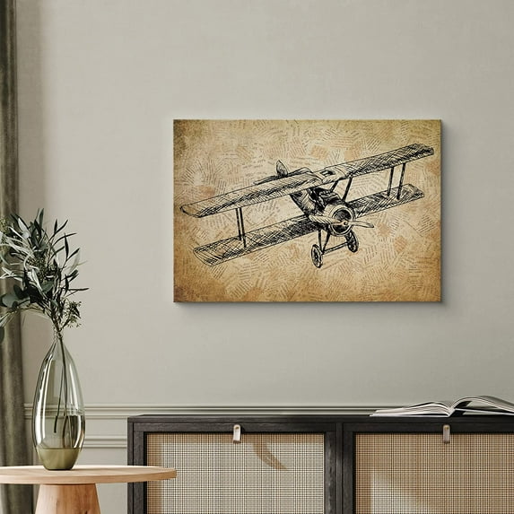 PixonSign Canvas Print Wall Art Vintage Biplane Flys on Brown Background Transportation Airplanes Illustrations Realism Contemporary Aerial Fun Sepia for Living Room, Bedroom, Office - 32"x48"