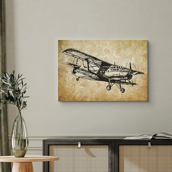 PixonSign Canvas Print Wall Art Vintage Biplane Soars on Brown Background Transportation Airplanes Illustrations Realism Contemporary Aerial Fun Sepia for Living Room, Bedroom, Office - 16"x24"