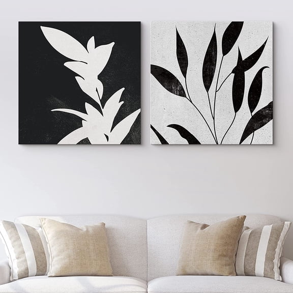 PixonSign Canvas Print Wall Art Vintage Deconstructed Leaves Floral Wilderness Digital Art Modern Art Zen Relax/Calm Dark Black and White for Living Room, Bedroom, Office - 24"x24" x 2