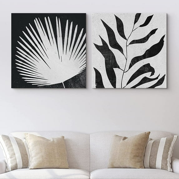 PixonSign Canvas Print Wall Art Vintage Deconstructed Palm Leaf & Stem Floral Wilderness Digital Art Modern Art Zen Relax/Calm Dark Black and White for Living Room, Bedroom, Office - 12"x12" x 2