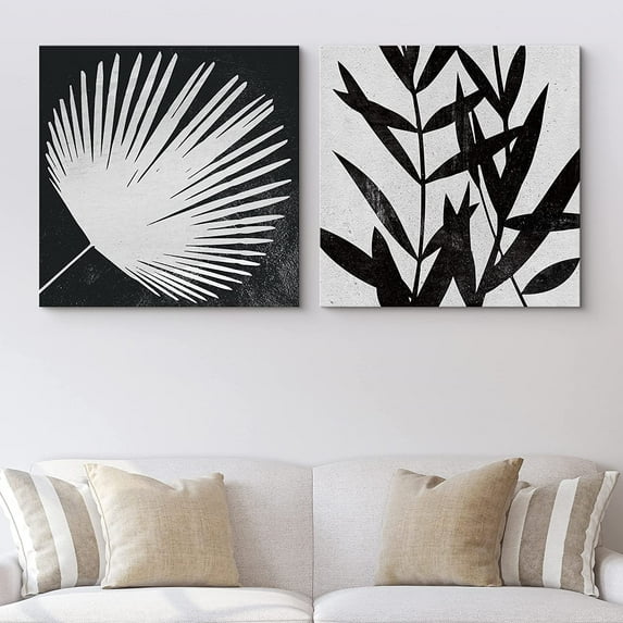 PixonSign Canvas Print Wall Art Vintage Deconstructed Palm Leaves Floral Wilderness Digital Art Modern Art Zen Relax/Calm Dark Black and White for Living Room, Bedroom, Office - 12"x12" x 2
