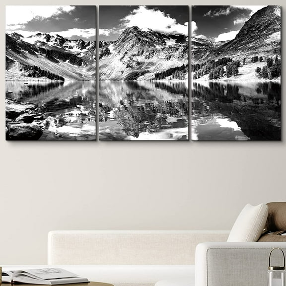 PixonSign Canvas Print Wall Art Vintage High Contrast Mountain Reflection Nature Wilderness Photography Realism Rustic Landscape Black and White for Living Room, Bedroom, Office - 24"x36"x3