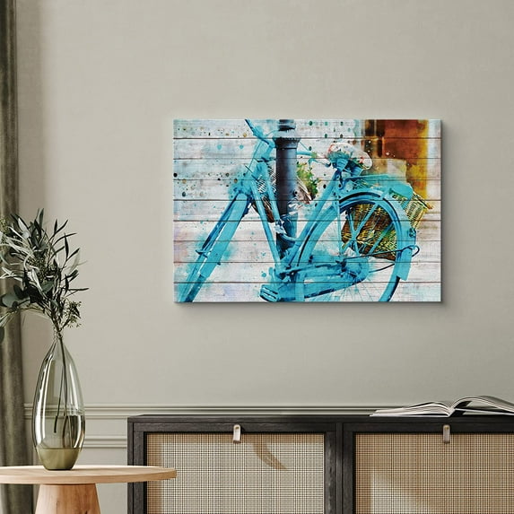 PixonSign Canvas Print Wall Art Watercolor Smudge Blue Vintage Bike Transportation Bicycles Mixed Media Realism Chic Urban Multicolor Ultra for Living Room, Bedroom, Office - 32"x48"