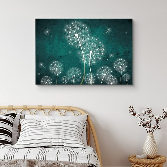 PixonSign Canvas Print Wall Art White Dandelions on Teal Background Botanical Plants Digital Art Modern Art Farmhouse/Country Group Relax/Calm Multicolor Cool for Living Room, Bedroom - 16"x24"