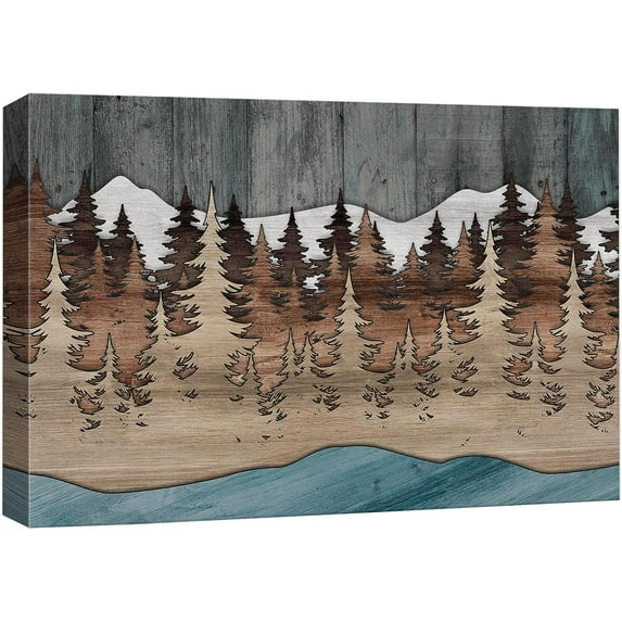 PixonSign Canvas Print Wall Art Winter Pastel Mountain Range Nature Wilderness Woodblock Illustrations Decorative Multicolor Landscape Wood Panels Country/Farmhouse - 32"x48"