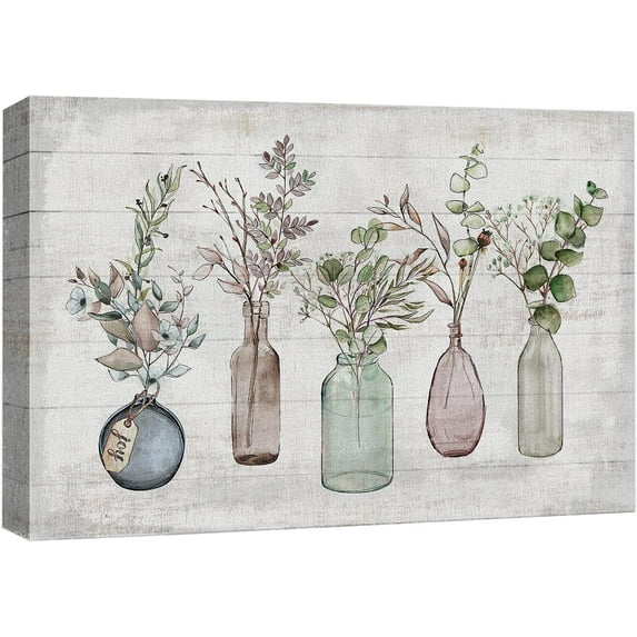 PixonSign Canvas Print Wall Art Wood Panel Forest Wildflowers In Vases Nature Wilderness Illustrations Modern Art Botanical Floral Farmhouse/Country Relax/Calm/Cozy for Bedroom - 24"x36"