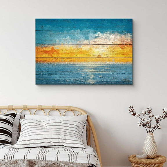 PixonSign Canvas Print Wall Art Wood Panel Style Blue & Orange Sea Horizon Nature Wilderness Illustrations Modern Art Contemporary Scenic Colorful Multicolor Ultra for Living Room, Bedroom - 24"x36"