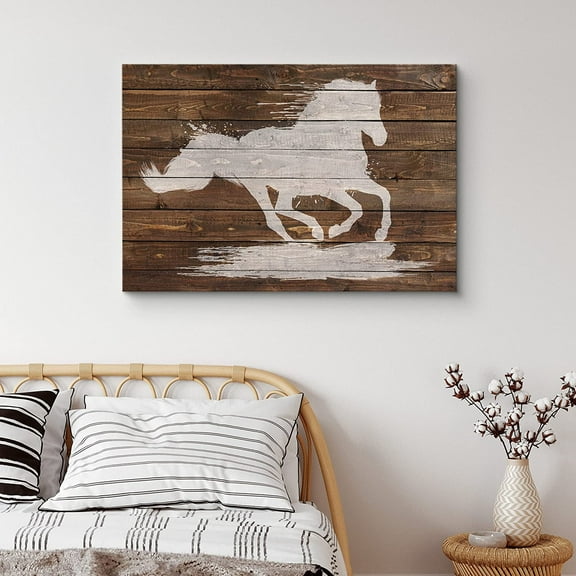 PixonSign Canvas Print Wall Art Wood Panel Style White Horse Galloping Animals Wildlife Illustrations Modern Art Contemporary Portrait Relax/Calm Multicolor Warm for Living Room, Bedroom - 24"x36"