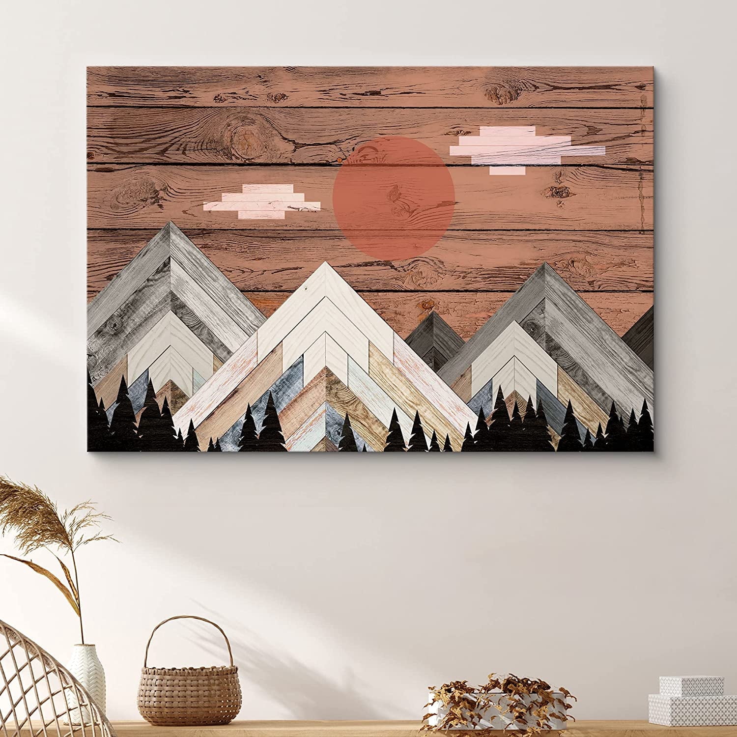 PixonSign Canvas Print Wall Art Woodblick Day Mountain Range Nature ...