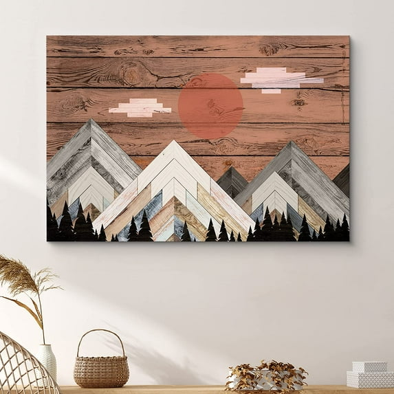 PixonSign Canvas Print Wall Art Woodblick Day Mountain Range Nature Wilderness Wood Panels Modern Art Contemporary Scenic Relax/Calm Multicolor Warm for Living Room, Bedroom, Office - 16x24