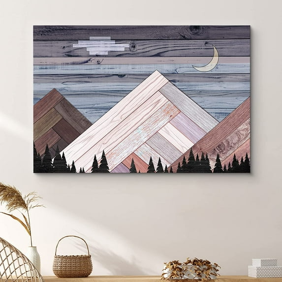PixonSign Canvas Print Wall Art Woodblock Crescent Moon & Mountain Nature Wilderness Wood Panels Modern Art Contemporary Scenic Relax/Calm Multicolor Warm for Living Room, Bedroom, Office - 12x18