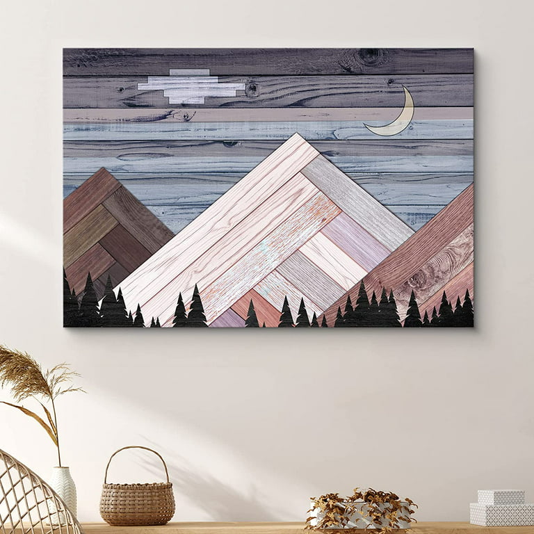 Geometric Mountain Moon Art Printed on Wood
